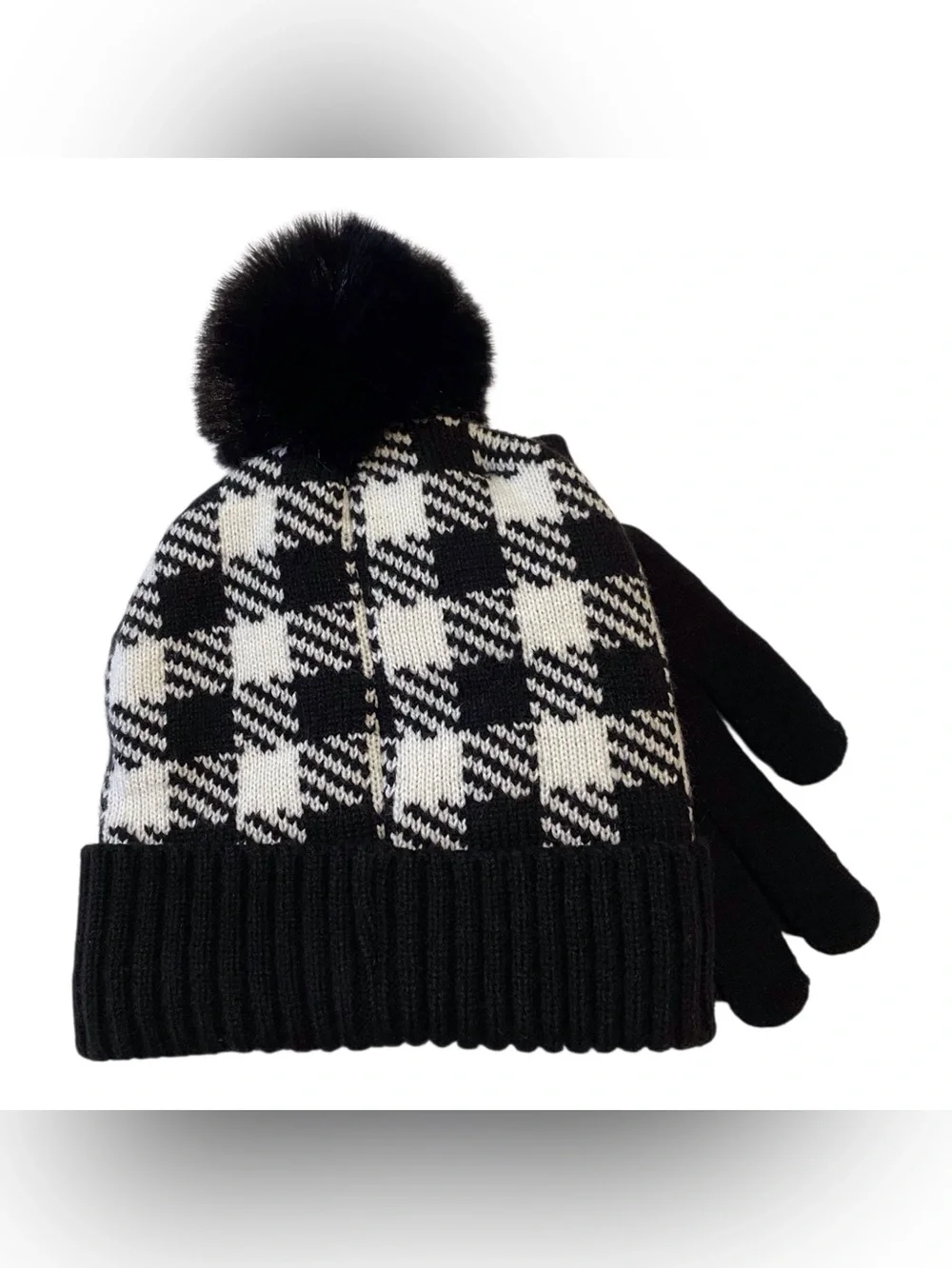 London Fog Girls Black &White Checkered Hat and Gloves, OS